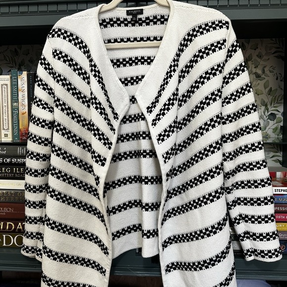 Talbots Cardigan Sweater Open Front Textured White and Black Waterfall Large P - Picture 5 of 9